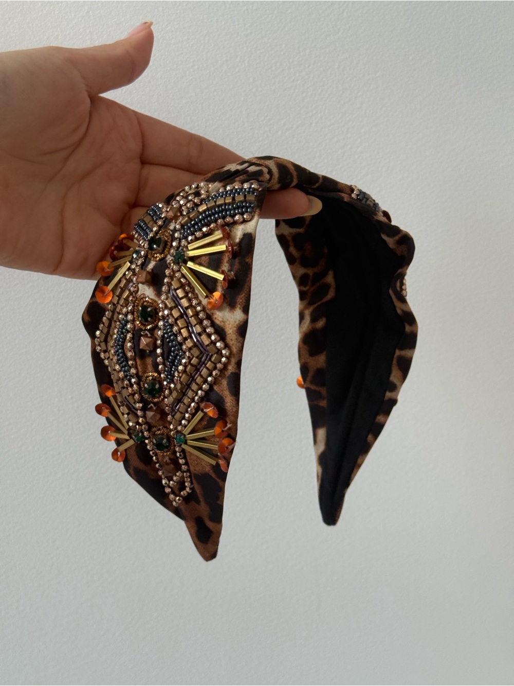 Embellished Leopard Print Headband in Brown
